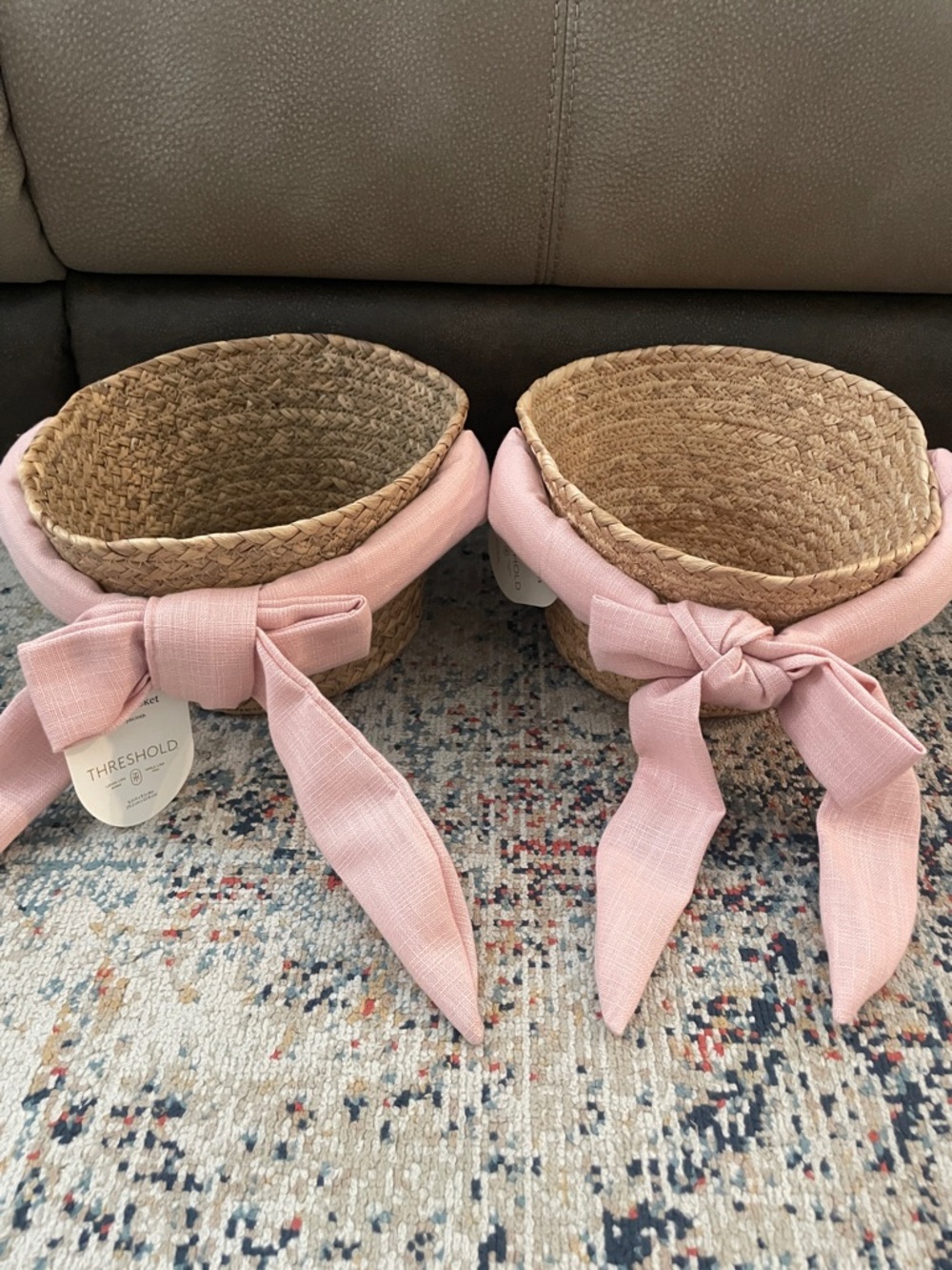 Threshold Natural Seagrass Baskets with Pink Bow Trim (Set of 2)